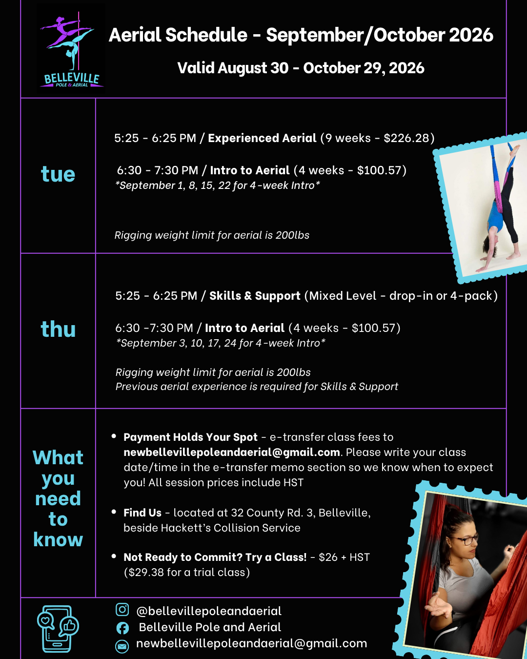 Belleville Pole and Aerial – Aerial Schedule September & October